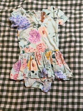 Posh Peanut Floral Ruffle Baby Dress Onesie in Mint Green